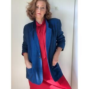 Vintage Silk Women's Blazer Denim Blue Size 8 Classic Business Layering 90s Era